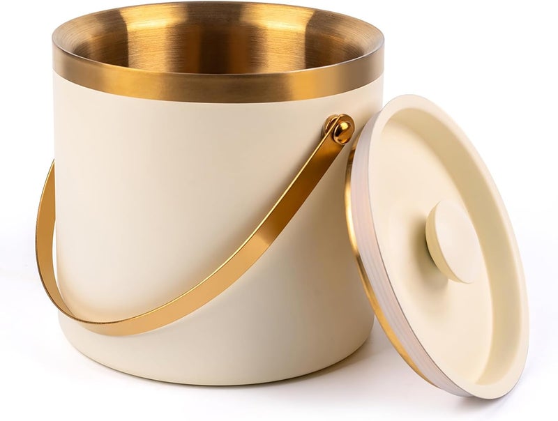 DRAMNYO 3L beige white Double Wall Insulated Stainless Steel Ice Bucket with scoop for Cocktail Bar,Metal Ice Bucket for freezer with Lid for parties.ice Container to Keep Ice Colder,bar cart accessories - Image 1